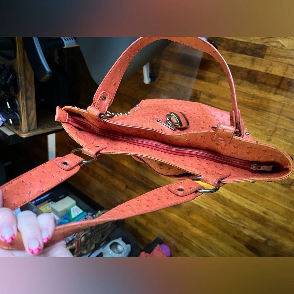 Expressions NYC Orange Faux Ostrich Studded Shoulder Bag Slightly Flawed - Picture 15 of 16